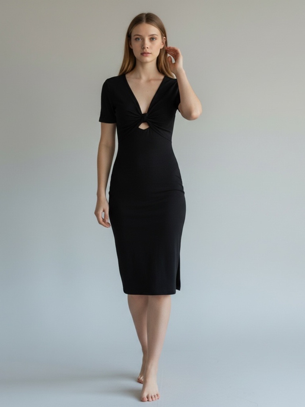 Short Sleeve Black Twist Front Midi Dress